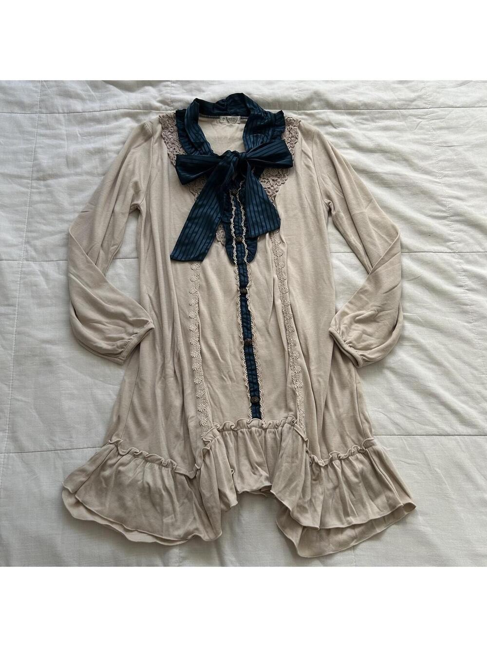 Axes Femme Beige Teal Ribbon Bow Crochet Lace Handkerchief Hem Dress Medium